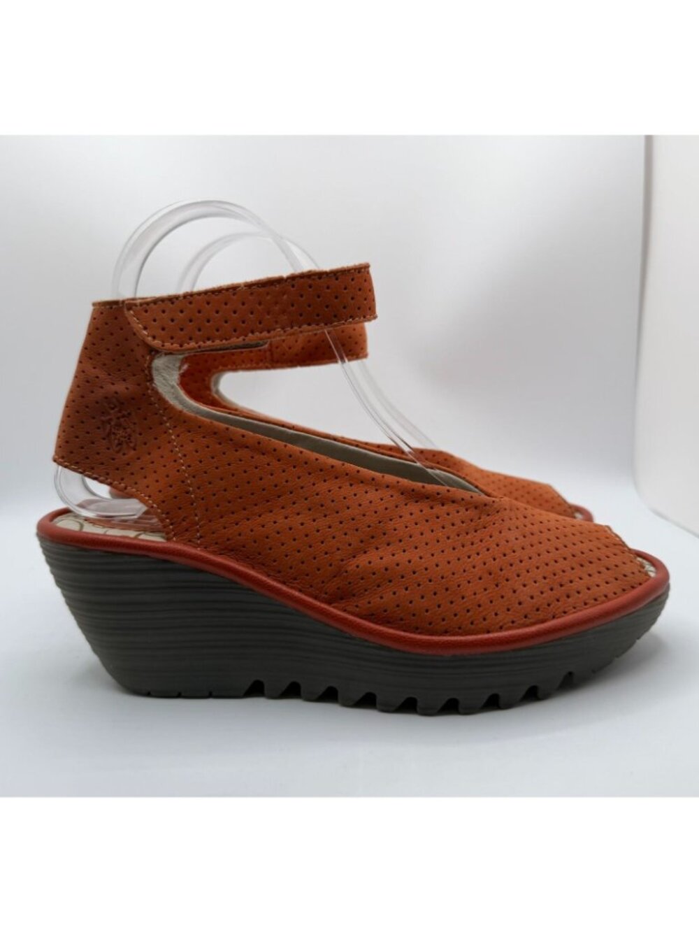 Fly London Yala Wedge Sandal Size EU37/ US6.5 Orange Perforated Leather Shoes - Picture 7 of 13